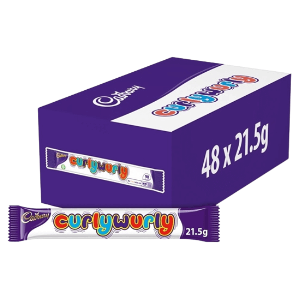 A box of Cadbury Curly Wurly contains 48 twisty caramel and milk chocolate bars (21.5g each), with a colorful logo on the front and classic Cadbury branding on the purple and white box.