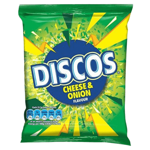 A retro green packet of Discos Cheese and Onion crisps, 30g, with bold white and blue lettering and yellow-green burst graphics. Nutritional info appears in a small box on the front. Box contains 30 packets.