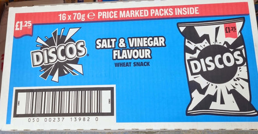 Blue and white Discos box of salt and vinegar flavour wheat snacks, each box contains 16 price-marked 70g packs (£1.25), with a bag illustration and barcode on the retro packaging.