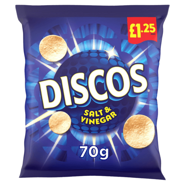A box of Discos Salt and Vinegar crisps, featuring 16 blue bags (70g each) with the Discos brand name in bold white letters—perfect for lovers of this classic savoury snack.