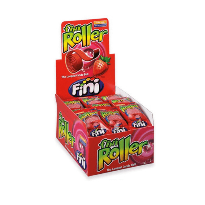 A box of 40 Fini Strawberry Roller candies, each individually wrapped in colorful strawberry-themed packaging, featuring delicious red sour liquorice belts from Fini.