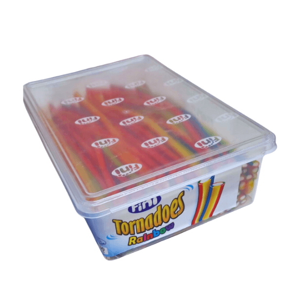 A tub of 100 Fini Tornadoes Rainbow Pencils features colorful fruit-flavoured licorice sticks with soft fondant centres, packed in a clear branded container that displays the vibrant sweets and Fini logo.
