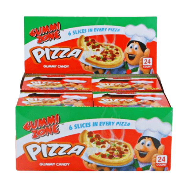 Gummi Zone Pizza: 24 boxes per case, each with 6 fruit-flavored gummy slices in colorful packaging featuring a cartoon chef.