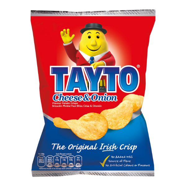 A vibrant red and blue bag of Tayto Cheese & Onion crisps features a cheerful cartoon mascot in a suit and top hat.