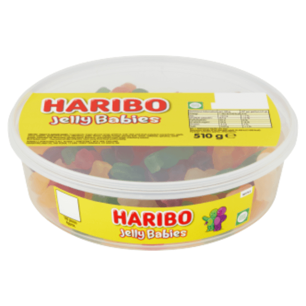 A round plastic tub with a yellow label displays HARIBO Jelly Babies 100 Pieces by Haribo, showing colorful fruit-flavored jelly sweets inside. The label lists the product name, weight, and nutrition information.