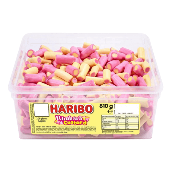 A clear plastic tub of Haribo Rhubarb & Custard contains approx. 300 pink and yellow sweets (810g), with product details and the Haribo logo displayed on the front.