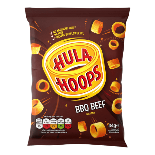A brown bag of Hula Hoops BBQ Beef 32 x 34g shows the ring-shaped snacks and bold yellow and red Hula Hoops branding on the front, with nutritional info at the bottom.