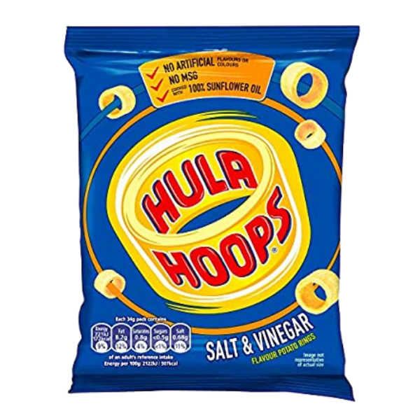 A bag of Hula Hoops salt and vinegar flavored potato rings, featuring a bright blue design and nutrition information.