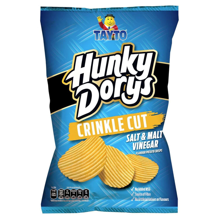 A box of 12 large sharing bags (135g) of Hunky Dorys Salt and Vinegar crisps.