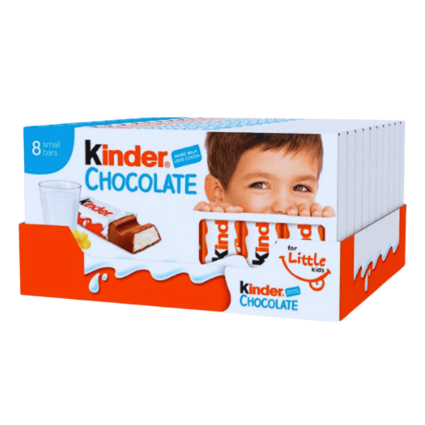 The Kinder Chocolate Mini Treat 8 Pack by Kinder features a smiling child, a glass of milk, and an unwrapped bar showing creamy filling. Each box includes 8 small milk chocolate bars with white and orange design and blue CHOCOLATE text.