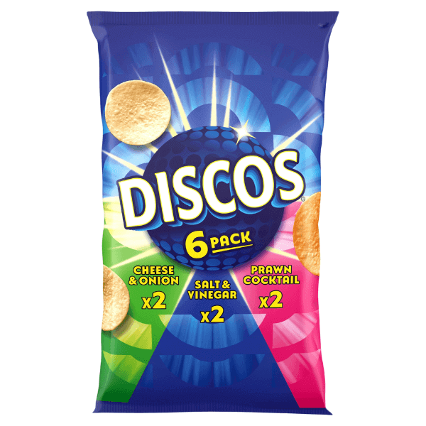 KP Discos Variety Pack 6 x 25.5g featuring Cheese & Onion, Salt & Vinegar, and Prawn Cocktail flavors.