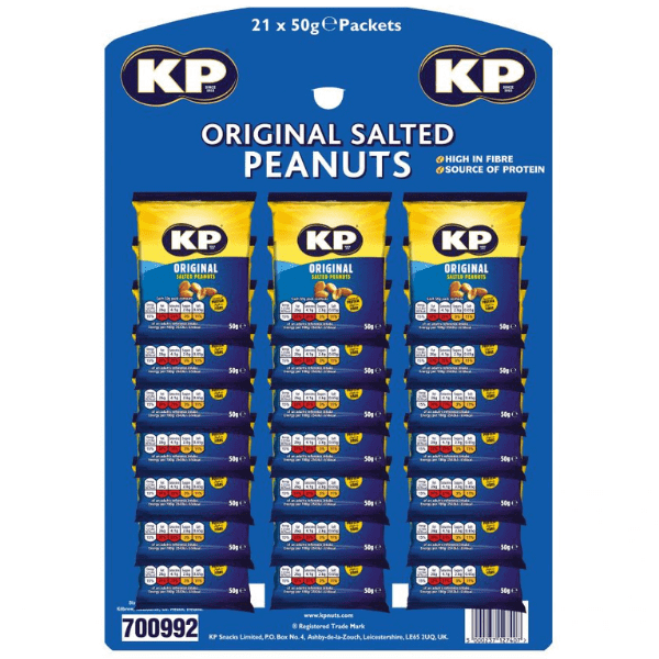 Showcase the KP Original Salted Peanuts 21 x 50g bulk pack in bright blue and yellow bags, arranged in three vertical rows. Packaging emphasizes high fibre and protein content.