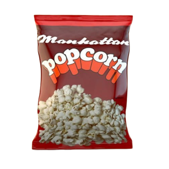 Red snack bag of "Manhattan Popcorn" featuring white popcorn