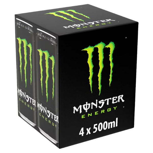 Four-pack of Monster Energy drinks, each can 500ml, featuring the iconic black packaging with green claw marks.
