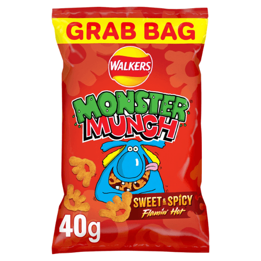 A box of 18 Walkers Monster Munch Sweet & Spicy Flamin Hot snacks, each in a 40g bag, features bold red packaging with a blue cartoon monster and Grab Bag in a yellow and red banner at the top.
