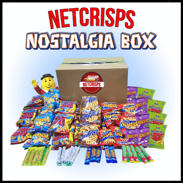 A cardboard box labeled NetCrisps sits among retro snacks and classic sweets, with Netcrisps Nostalgia Box (78 packets of crisps & 35 sweet bars) in bold red and blue above. A cartoon figure waves from the left.