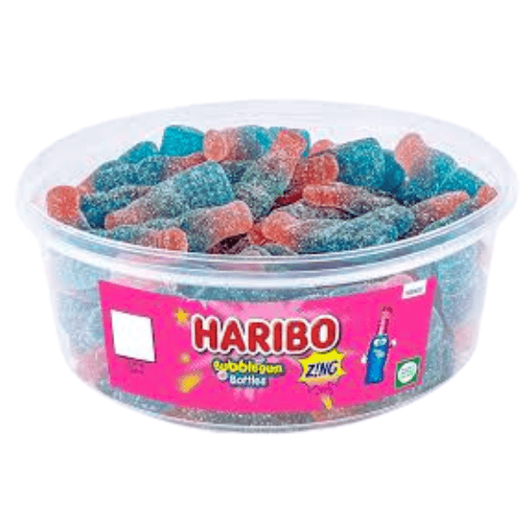 The Haribo Bubblegum Bottles Tub by Haribo contains blue and pink bubblegum-flavoured jellies, dusted in sugar, and comes in a plastic tub with a bright pink label.