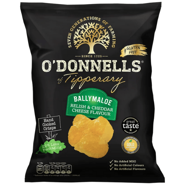 A black bag of ODonnells Ballymaloe Relish and Cheddar Cheese crisps (125g), featuring a gold tree logo, gluten-free label, crisp image, and quality and sustainability icons. Sold as a box of 12 packets by ODonnells.