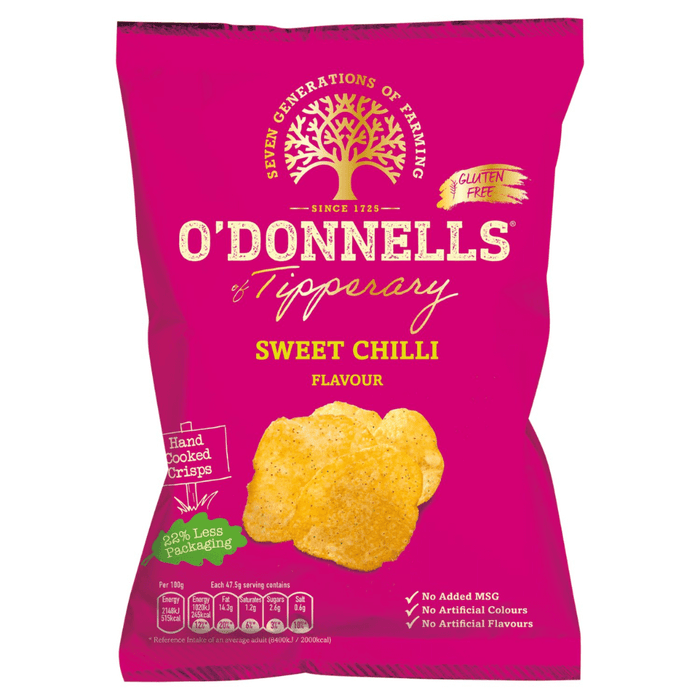 A bright pink bag of ODonnells Sweet Chilli Crisps (47.5g), gluten free with no added MSG, artificial colours, or flavours. Box of 32 packets from ODonnells, featuring hand cooked crisps on the front.