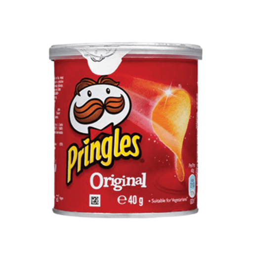 Pringles Original 12 x 40g features the iconic mustached logo and stacked crisps image. This potato snack is suitable for vegetarians.