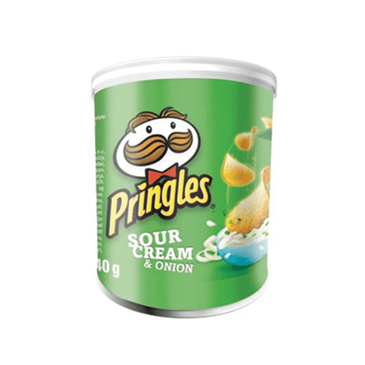 A green Pringles Sour Cream & Onion 12 x 40g tube with the Pringles logo, cartoon potato crisps, and an illustrated bowl of sour cream with onion pieces on the front.