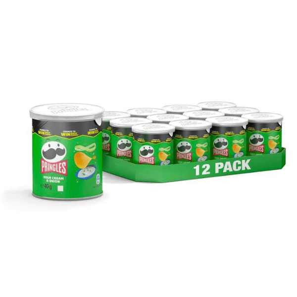 A 12-pack of Pringles Sour Cream & Onion 40g tubes is shown, with one tube in front. The green Pringles packaging features branded logos and images of chips and sour cream.