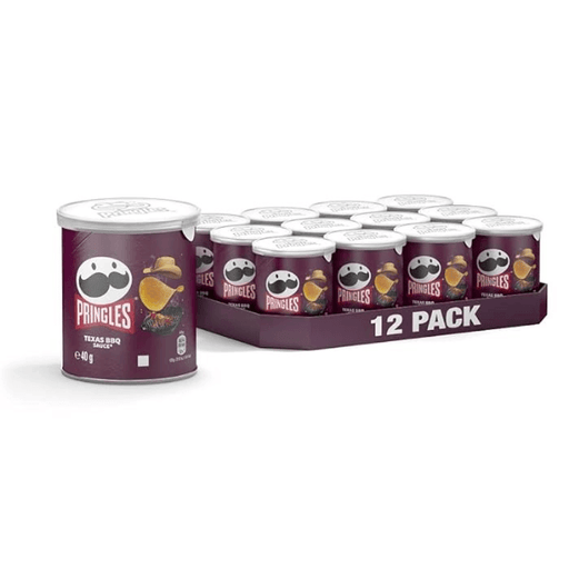 A 12-tub tray of Pringles Texas BBQ (40g each), ideal for on-the-go snacking. The front tub displays the Pringles logo and smoky barbecue flavour crisps with chips and sauce on purple packaging.