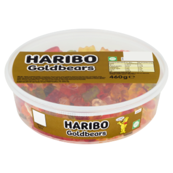 A clear tub filled with colorful gummy bears labeled "HARIBO Goldbears," weighing 460g, with a playful yellow bear mascot.