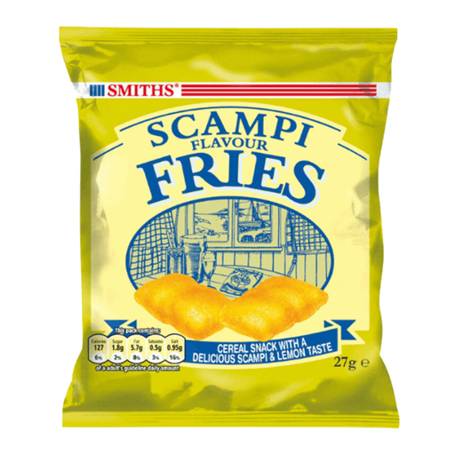 Smiths Scampi Fries | Card of 24 Packets (27g) – the classic pub snack by Smiths, offering tangy scampi and lemon flavor in every bite.