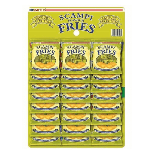 A display card contains 24 small packets of Smiths Scampi Fries (27g), featuring a bold blue design and fish & chips illustration—classic pub snacks for scampi and lemon lovers.