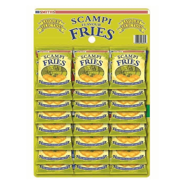 A display card contains 24 small packets of Smiths Scampi Fries (27g), featuring a bold blue design and fish & chips illustration—classic pub snacks for scampi and lemon lovers.