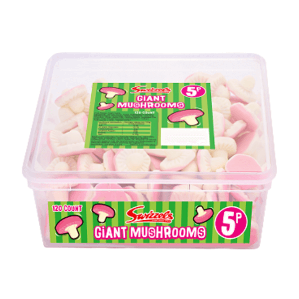 A clear plastic tub labeled Swizzels Fun Gums Giant Foam Mushrooms from Swizzels contains 120 pink and white fruit-flavoured, mushroom-shaped sweets with a green-striped label.