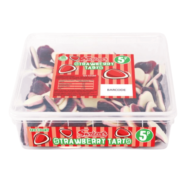 Swizzels Strawberry Tarts | 120 Pieces: A clear tub of fruity red and white jelly sweets from Swizzels. The striped label shows cartoon tarts and 5p price. Ideal for anyone who loves mini fruit jellies!.