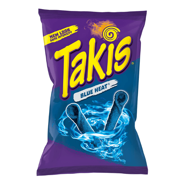 Takis Blue Heat snack bag featuring bright purple packaging and blue rolled tortilla chips with a swirling water design.