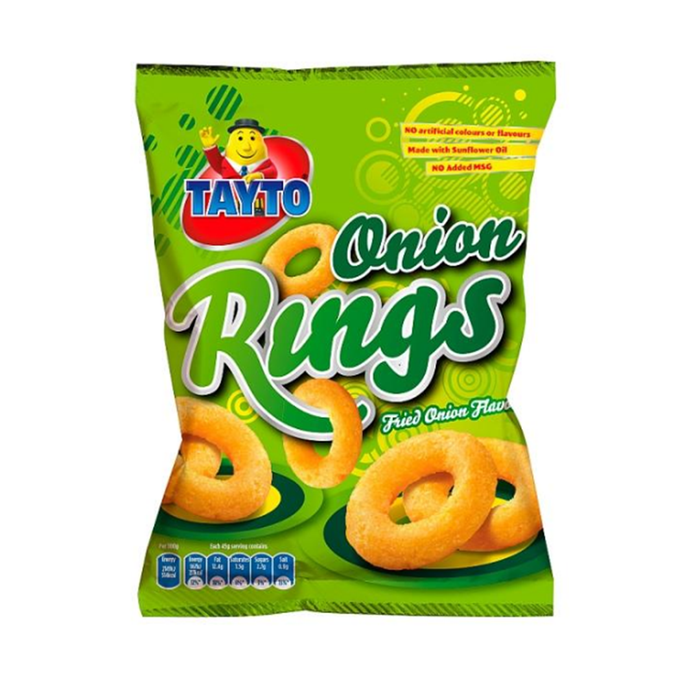 Bright green bag of Tayto Onion Rings with a cartoon character logo, featuring fried onion-flavored snacks and no added MSG.