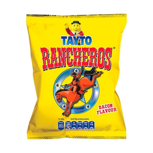 A vibrant yellow bag of Tayto Rancheros snacks, featuring a cowboy on a horse and labeled "Bacon Flavour."