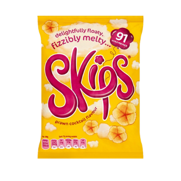A bright yellow bag of Skips snacks with a prawn cocktail flavor, featuring playful graphics and nutrition information.