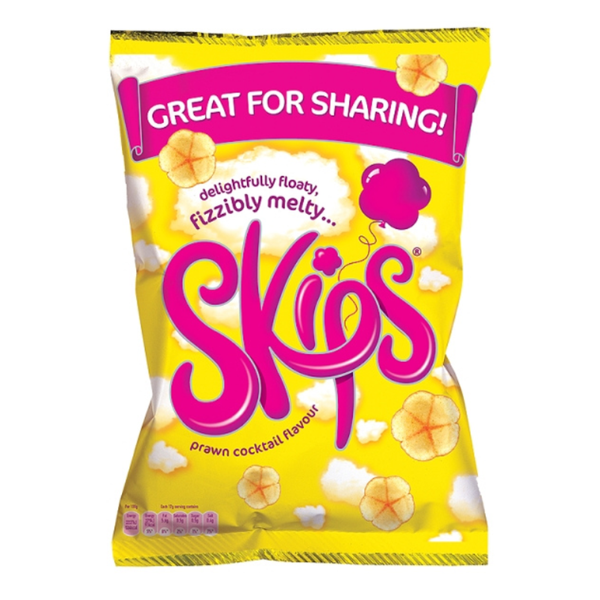 A bright yellow snack bag of Skips prawn cocktail flavor, featuring playful pink lettering that says "Skips" and "Great for sharing!" The design includes whimsical illustrations of clouds and prawn cocktail elements, emphasizing the snack's light and airy texture.