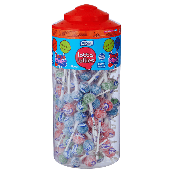 A large clear tub with a red lid, filled with 150 Vidal Confectionery Cherry Flavoured Tongue Painter Lollies—white sticks, colourful wrappers—that turn your tongue bright as you enjoy the cherry taste.