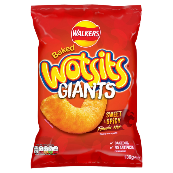 A bright red bag of Walkers Baked Wotsits Giants, featuring a large yellow corn puff, labeled "Sweet & Spicy Flamin' Hot."