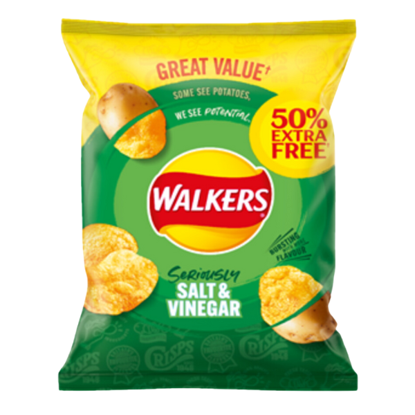 Walkers Salt and Vinegar | Box of 32 Packets (50g) 50% Extra Free Edition