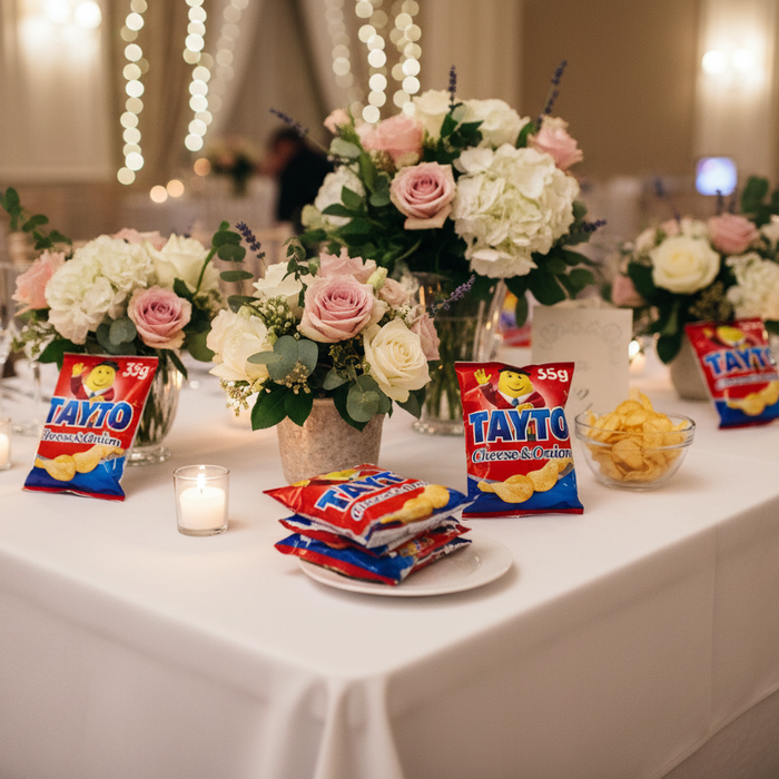 Tayto Cheese & Onion crisp packets arranged on a wedding table with flowers and soft lighting
