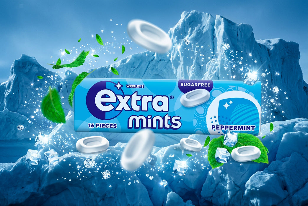 A pack of Wrigley's Extra Mints Peppermint sugarfree gum, shown in a blue and white package with floating mints, mint leaves, and ice cubes on a light blue icy background.