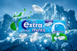 A pack of Wrigley's Extra Mints Peppermint sugarfree gum, shown in a blue and white package with floating mints, mint leaves, and ice cubes on a light blue icy background.