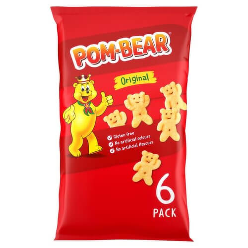 Pom-Bear Original Snacks 6 Pack, gluten-free, crispy, vegan-friendly snack with no artificial colours or flavours.