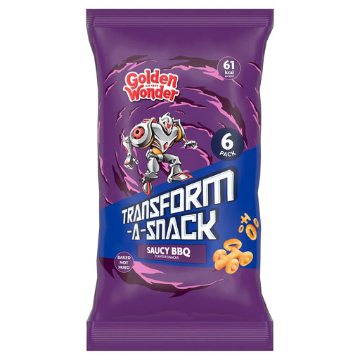 Purple packaging of Golden Wonder Transform-A-Snack Saucy BBQ with cartoon character on a white background