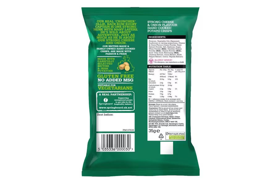REAL Hand Cooked Crisps Strong Cheese & Onion 10 x 150g Premium Irish Sharing Bags | Netcrisps