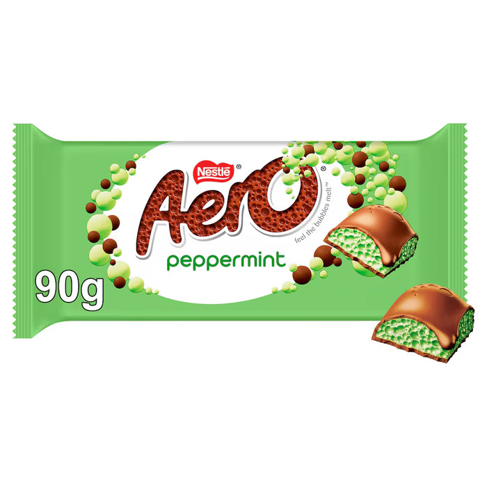 Nestlé Aero peppermint chocolate bar in its green wrapper, with two pieces broken open to show the green peppermint filling and brown chocolate coating, on a white background.