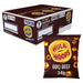 A case of Hula Hoops BBQ Beef 32 x 34g packs, with one packet in front. The dark brown packaging features Hula Hoops branding in yellow and red alongside images of the signature ring-shaped crisps.