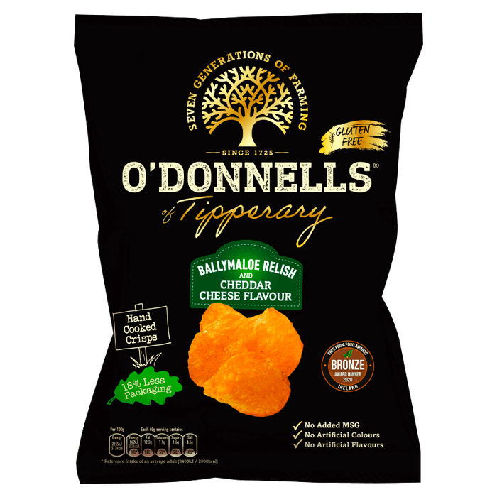 O'Donnell's Tipperary snack package with cheddar cheese flavor on a black background
